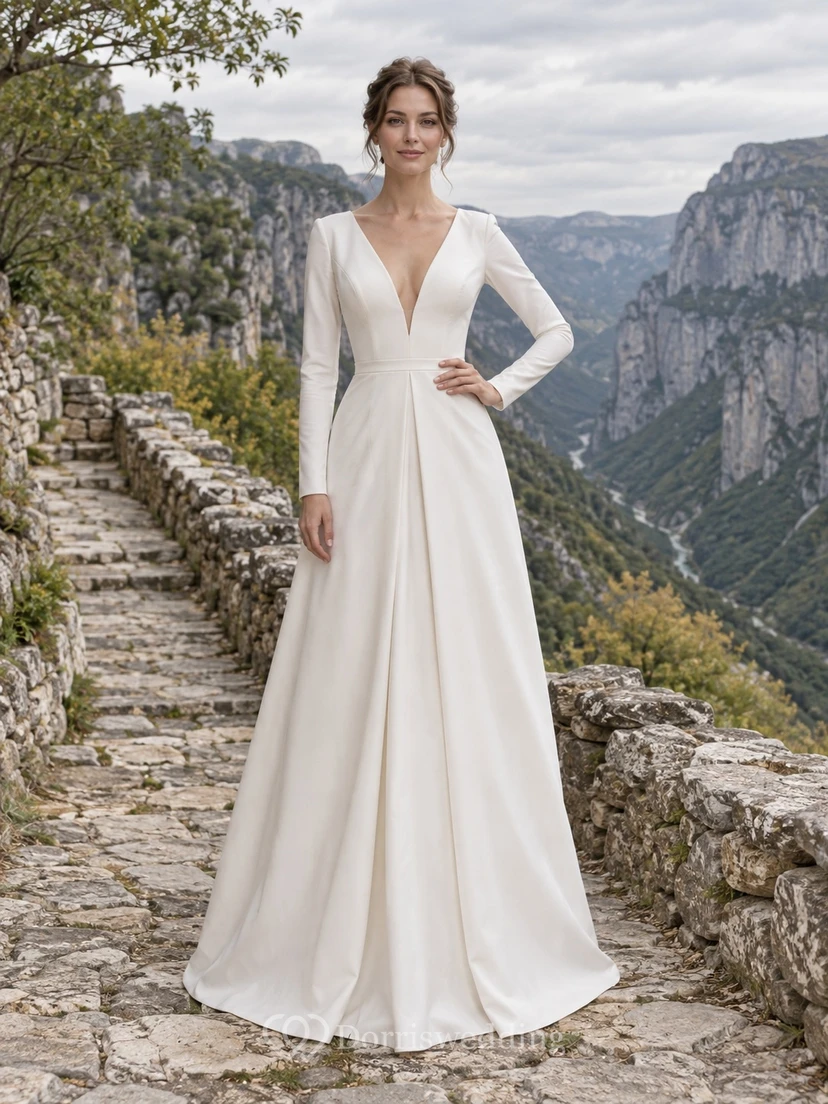 Vestido de novia sencillo de manga larga, escote en V pronunciado, corte en A plisado y cintura definida