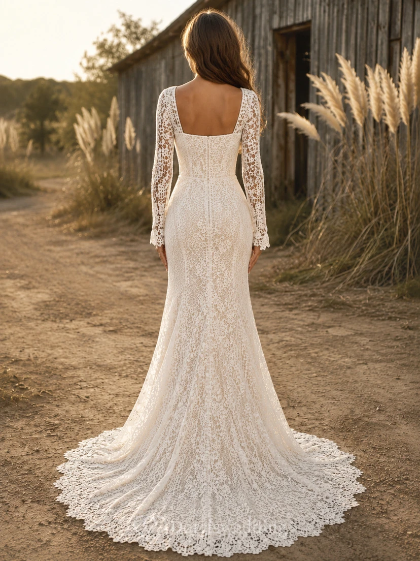 Vestido de novia de encaje campestre, estilo sirena, con escote en V, manga larga y cola de capilla. view 2
