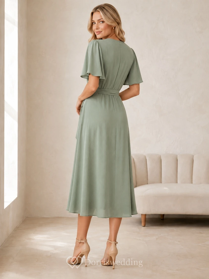 Tea-Length Sage Green Romantic Ruched Jersey Wrap Guest Dress view 2