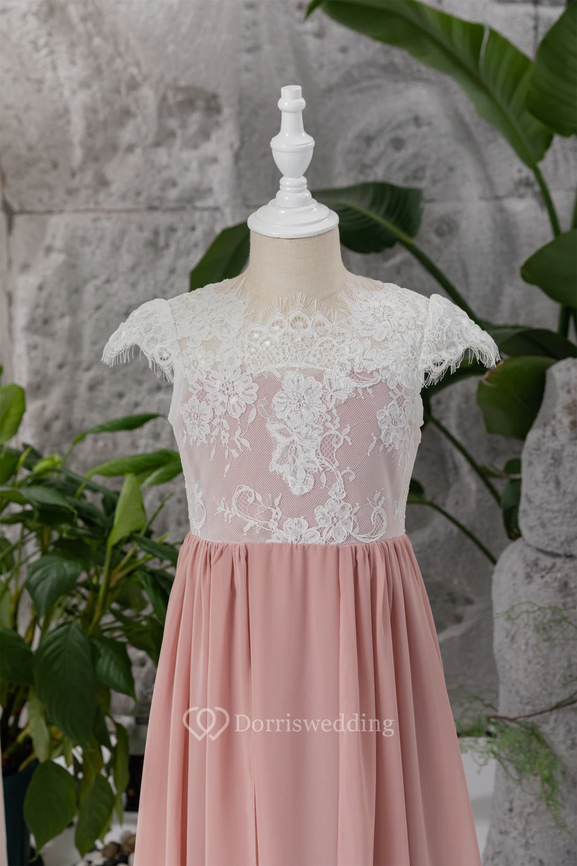 Lace Cap White and Coral Empire Chiffon Floor-length Flowergirl Dress view 3