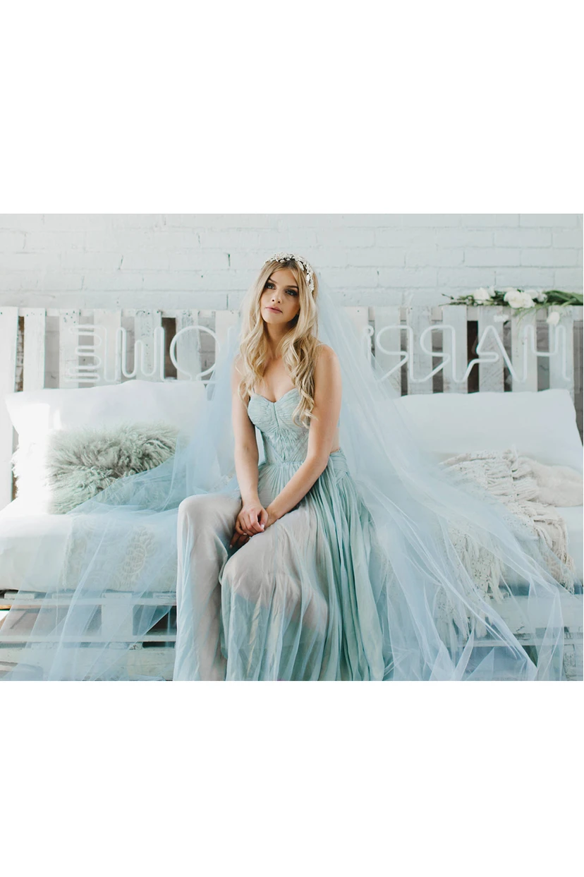 Bridal Veil Light Blue Extra Long Trailing Simple Wedding Veil Ocean Blue view 3