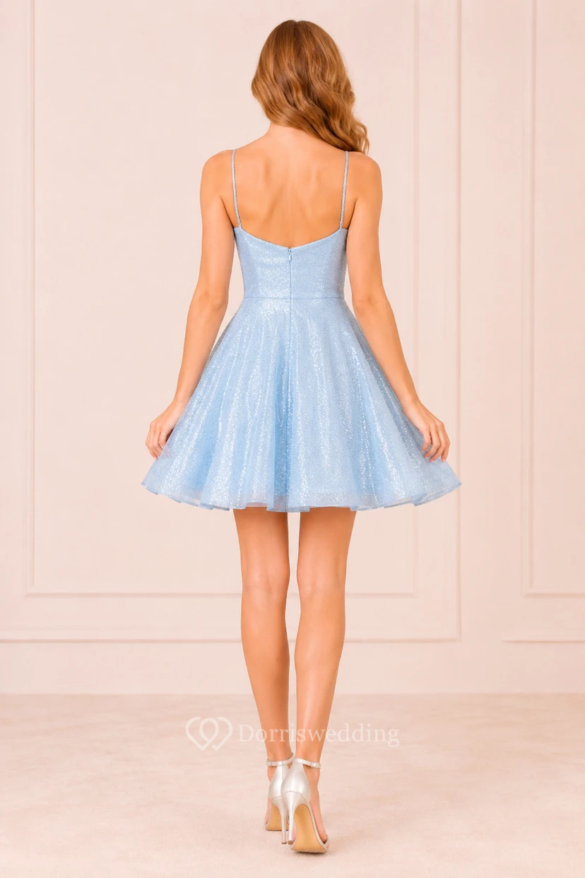 Himmelblaues Mini-Abendkleid aus glitzerndem Tüll mit Spaghettiträgern und A-Linien-Schnitt view 2