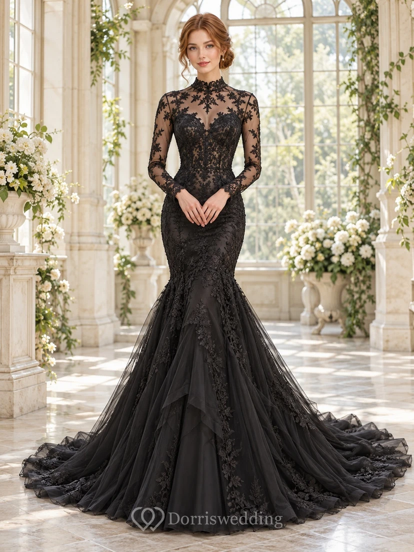Black Mermaid Long Sleeve High Neck Lace Panel Wedding Dress