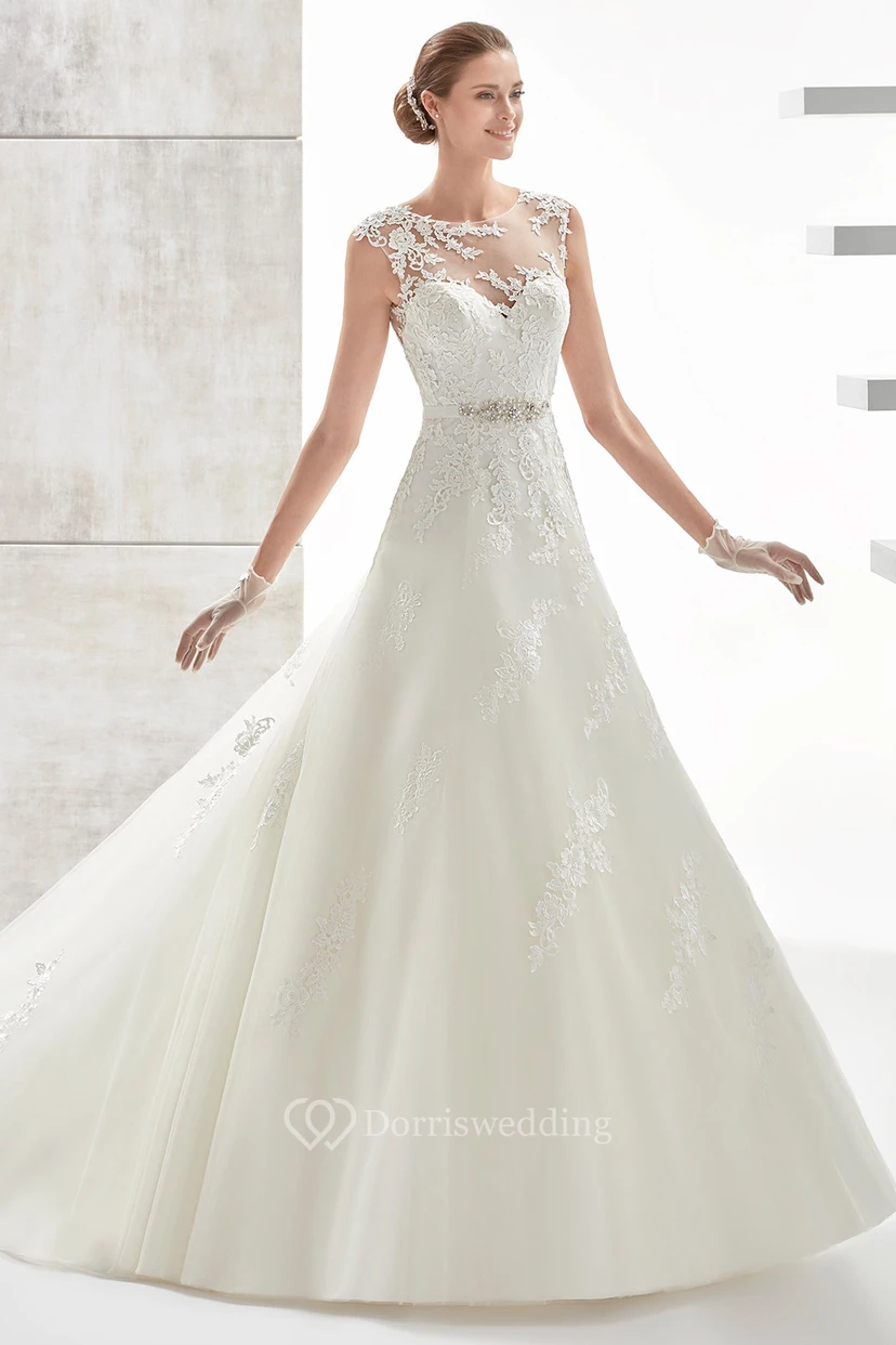 Jewel-neck A-line Wedding Dress With Beaded Belt and Illusive Design
