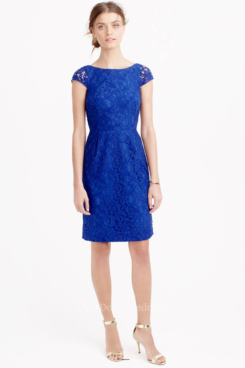 Mini Appliqued Cap Sleeve Bateau Neck Lace Bridesmaid Dress With Low-V Back