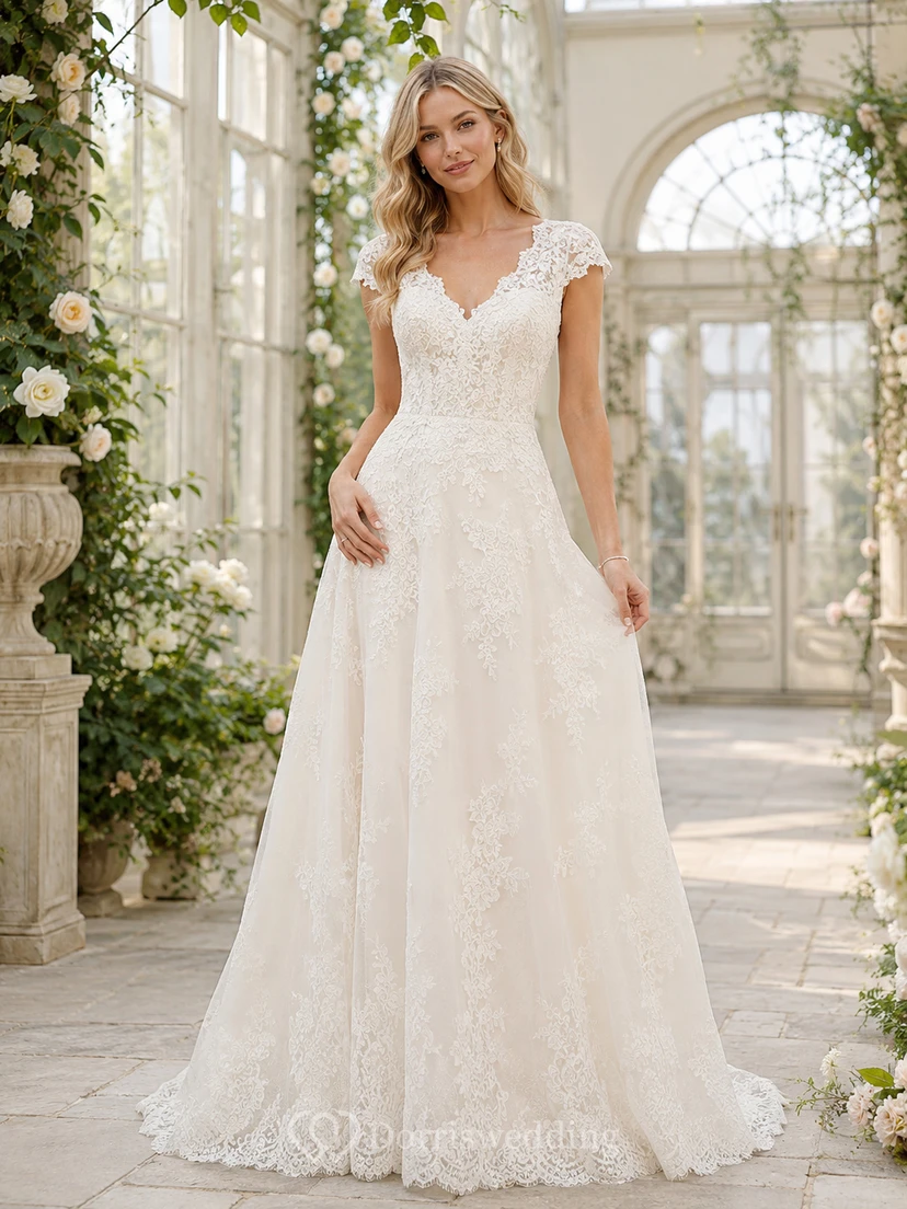 Elegante vestido de novia romántico de corte A con escote en V, mangas cortas y encaje, largo hasta el suelo.