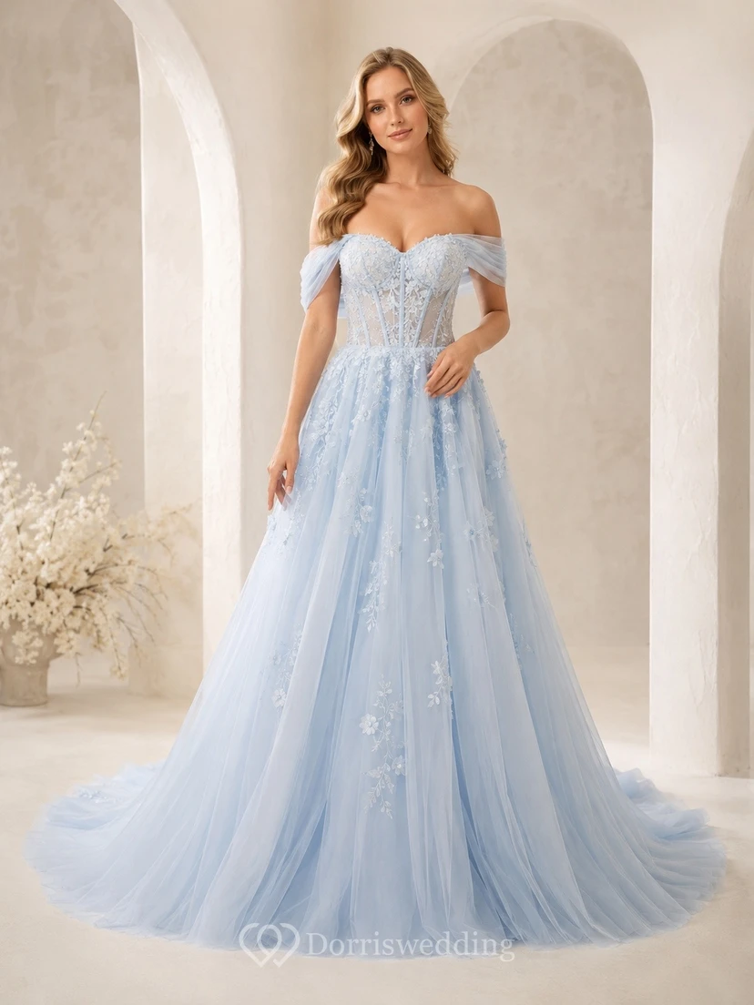 Vestido de novia sencillo, romántico y elegante con hombros descubiertos y corte en A de encaje.