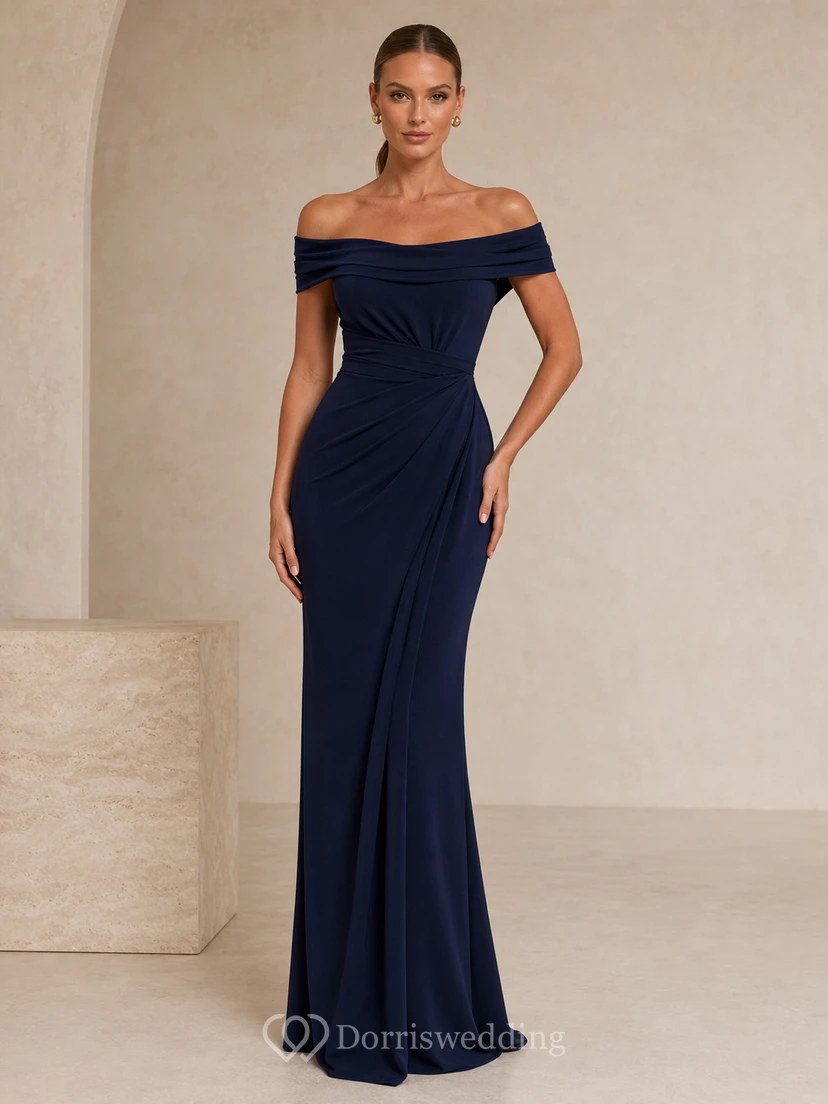 Dark Navy Off Shoulder Draped Column Formal Dress