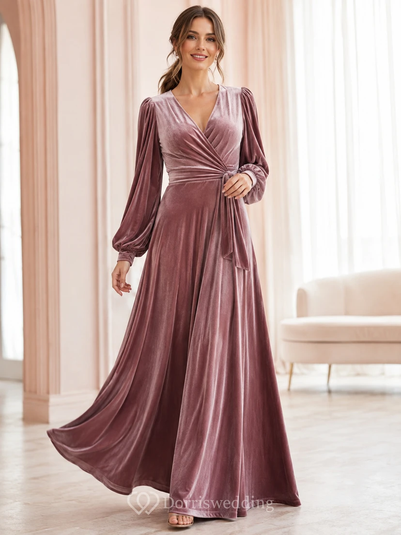 Vestido de noche formal largo hasta el suelo, de terciopelo malva vintage, con escote en V, mangas abullonadas y corte en A.