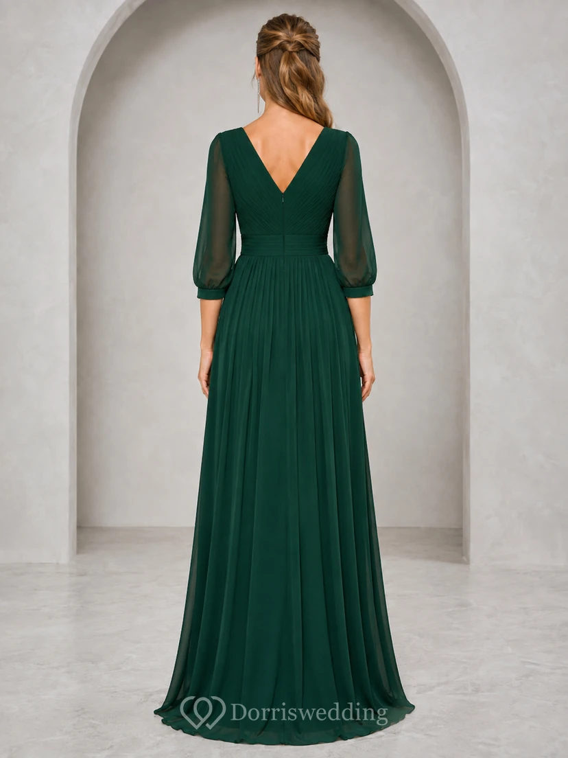 Vestido de invitada largo hasta el suelo, de corte A, color verde oscuro, con escote en V, mangas tres cuartos, pliegues de gasa, escote bajo en V, cremallera en la espalda y color verde oscuro. view 2