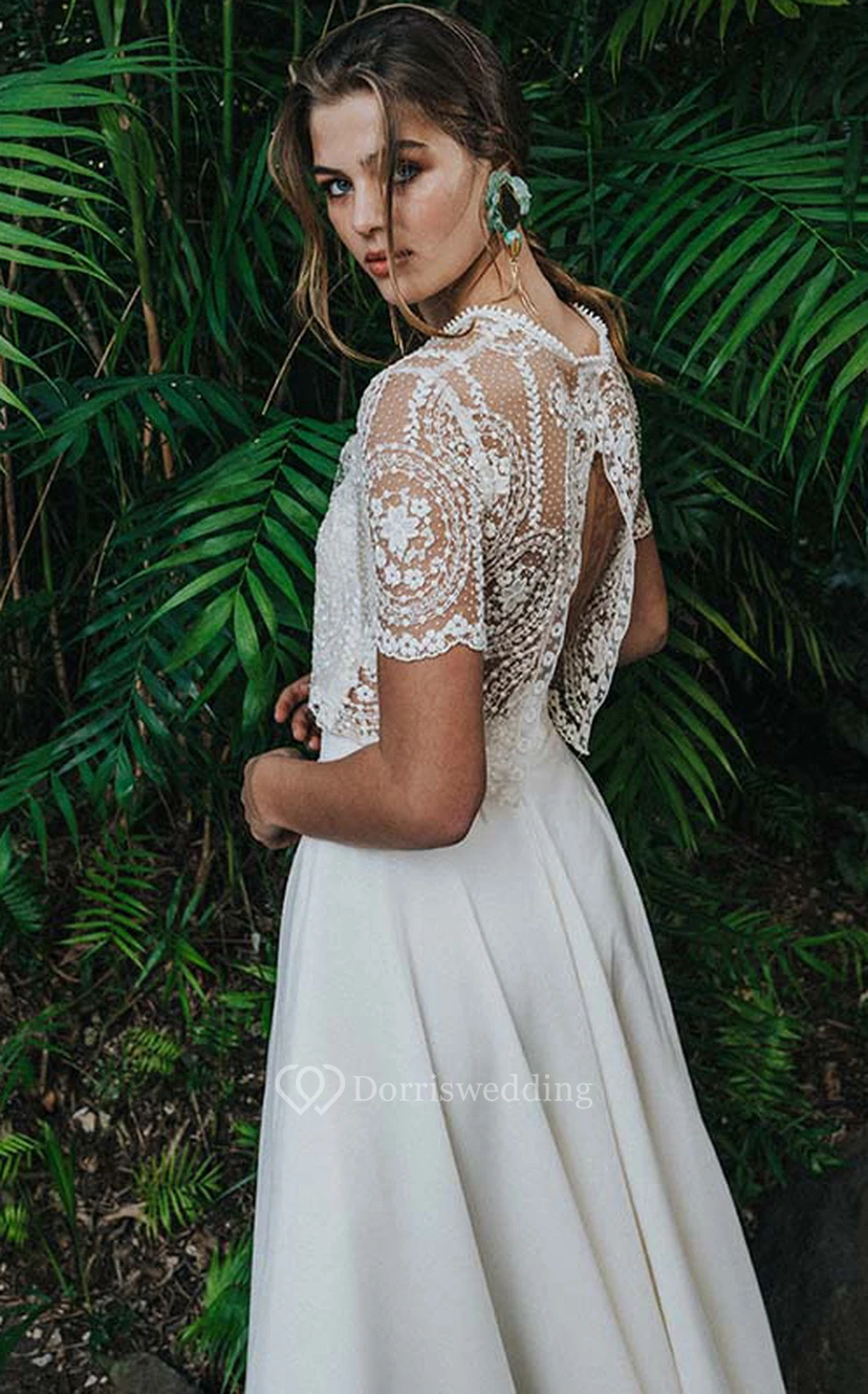 Vintage zweiteiliges, kurzärmeliges Chiffon-Hochzeitskleid in Teelänge mit Spitzenoberteil view 3