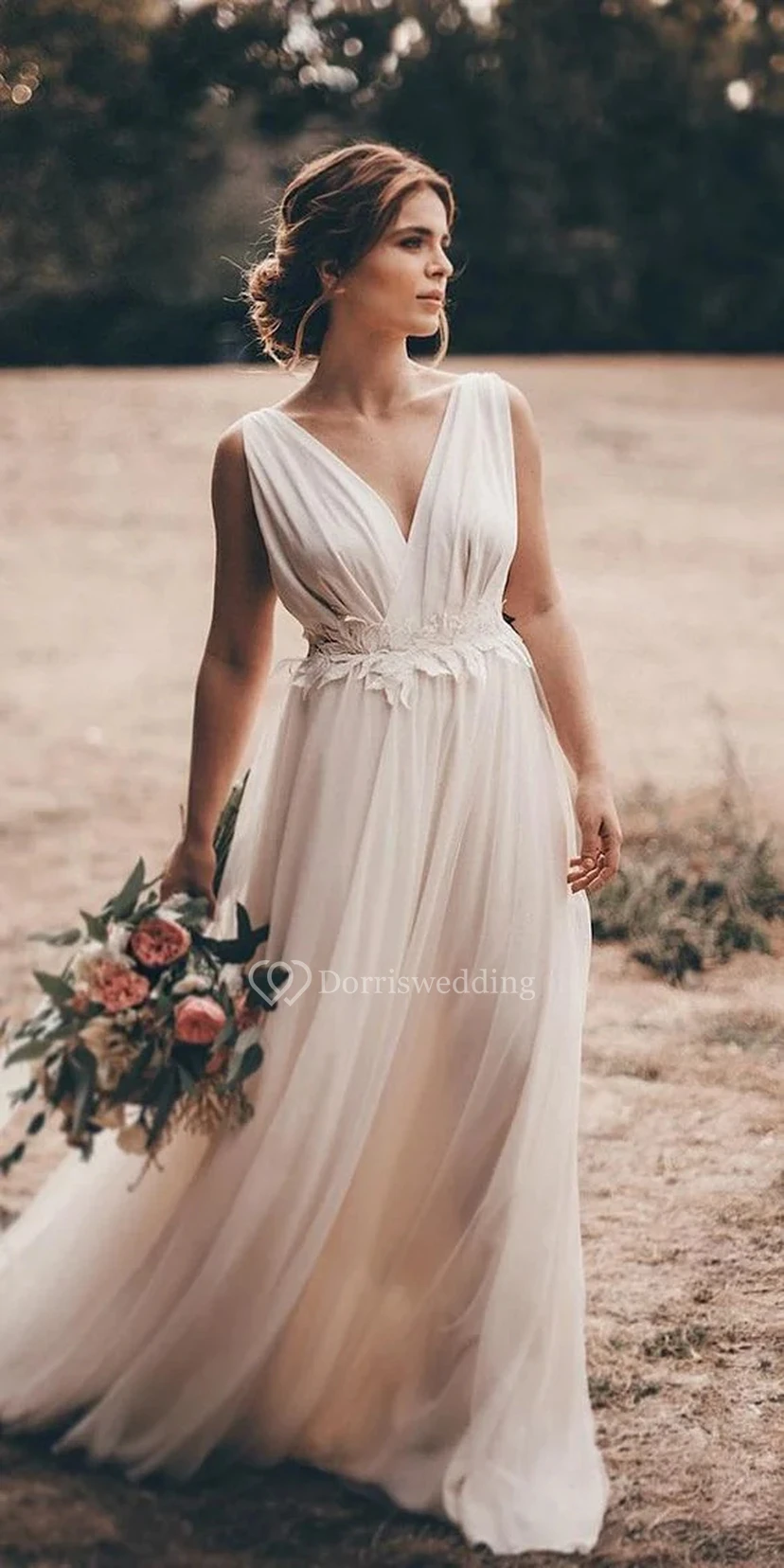 White V-Neck Sleeveless Wedding Dress with Floral Waist