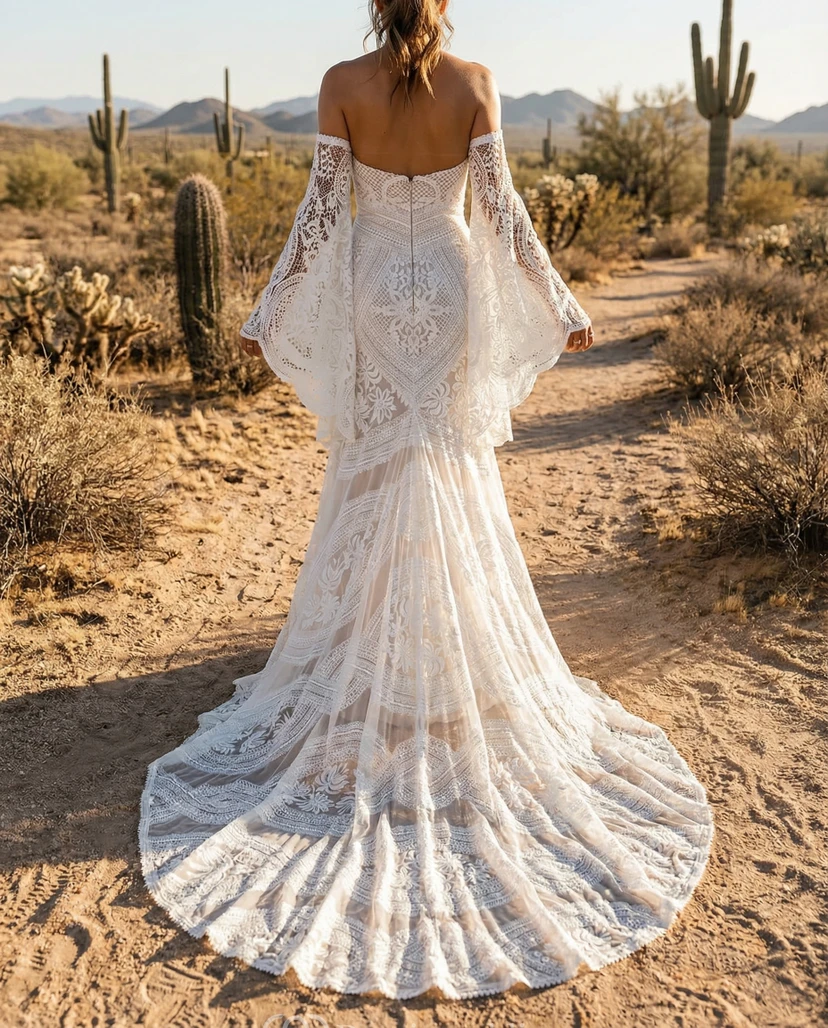 Robe de mariée sirène en dentelle à manches cloche amovibles, épaules dénudées, style bohème view 2