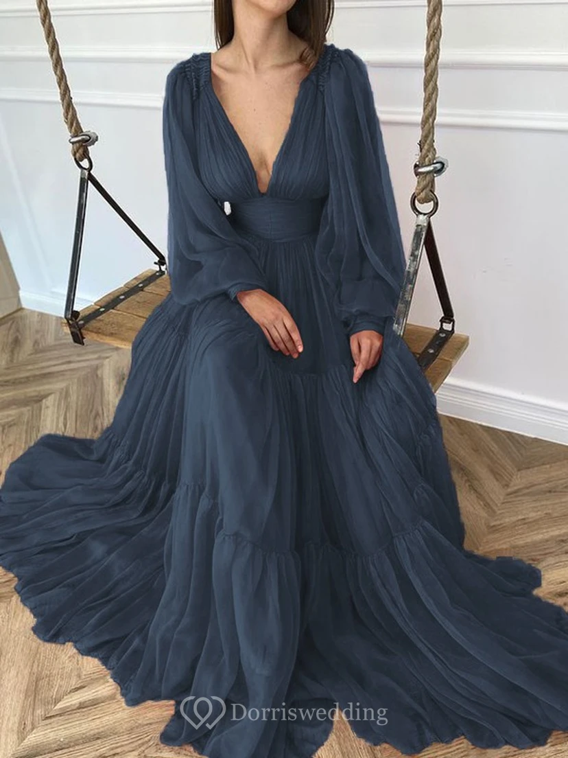 Sexy V-neck Puff Long Sleeve Chiffon Layered Empire Dress view 10
