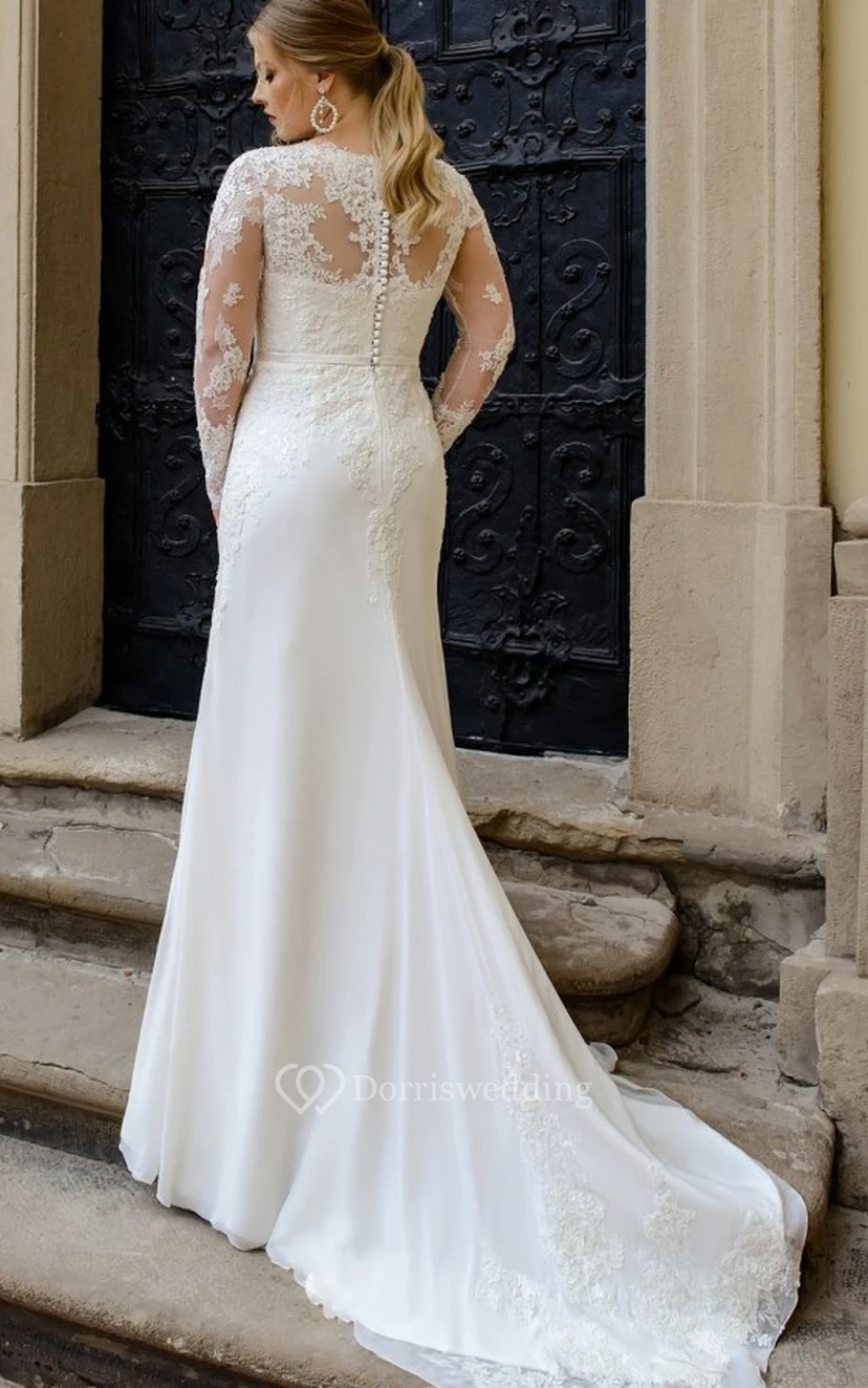 Romantisches Brautkleid aus Satin in A-Linie mit bodenlanger Schleppe, langen Ärmeln und Applikationen view 2