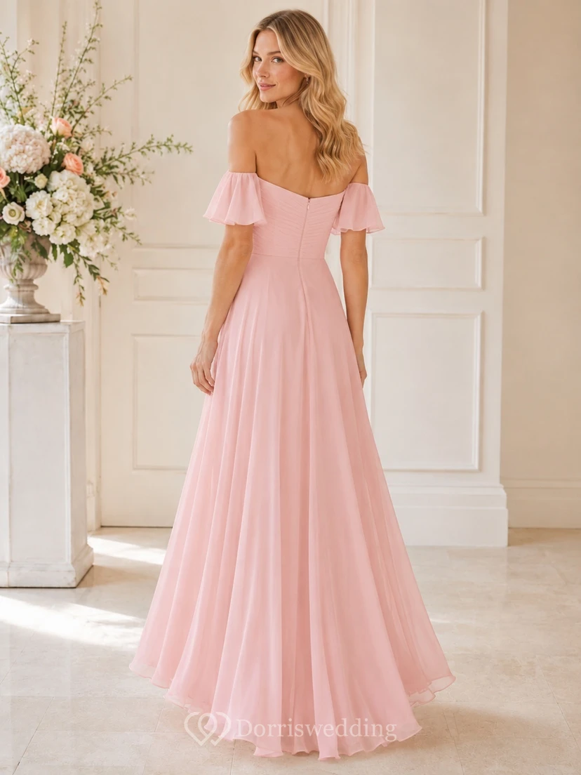 Blush Off-the-shoulder Petal Sleeve Chiffon A-Line Floor-length Bridesmaid Dress view 2