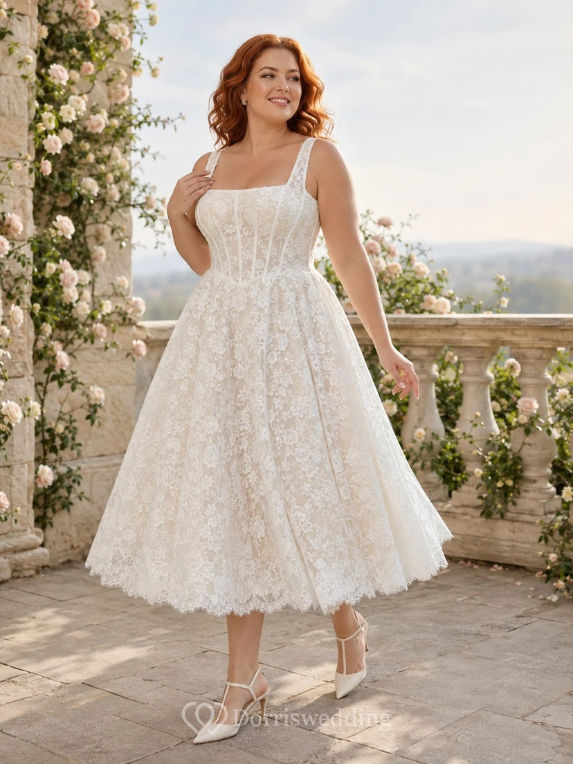 Plus-Size Teelänge, eckiger Ausschnitt, Korsett-Oberteil, Spitze, A-Linie, Vintage, romantisches Brautkleid
