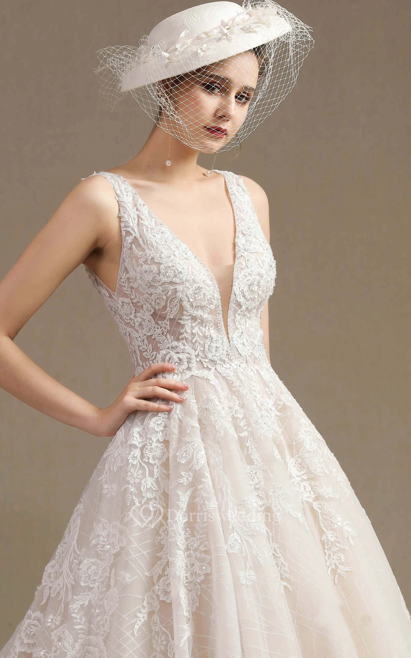Vintage Plunging V-neck Keyhole Sleeveless Ballgown A Line Wedding Dress With Lace Appliques And Ruching view 5