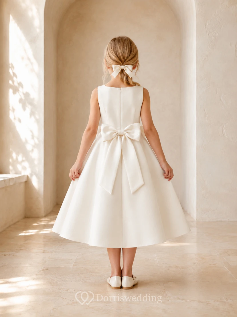 Blumenmädchenkleid aus elfenbeinfarbenem Satin, A-Linie, Rundhalsausschnitt, Teelänge, Schleifendetail view 2