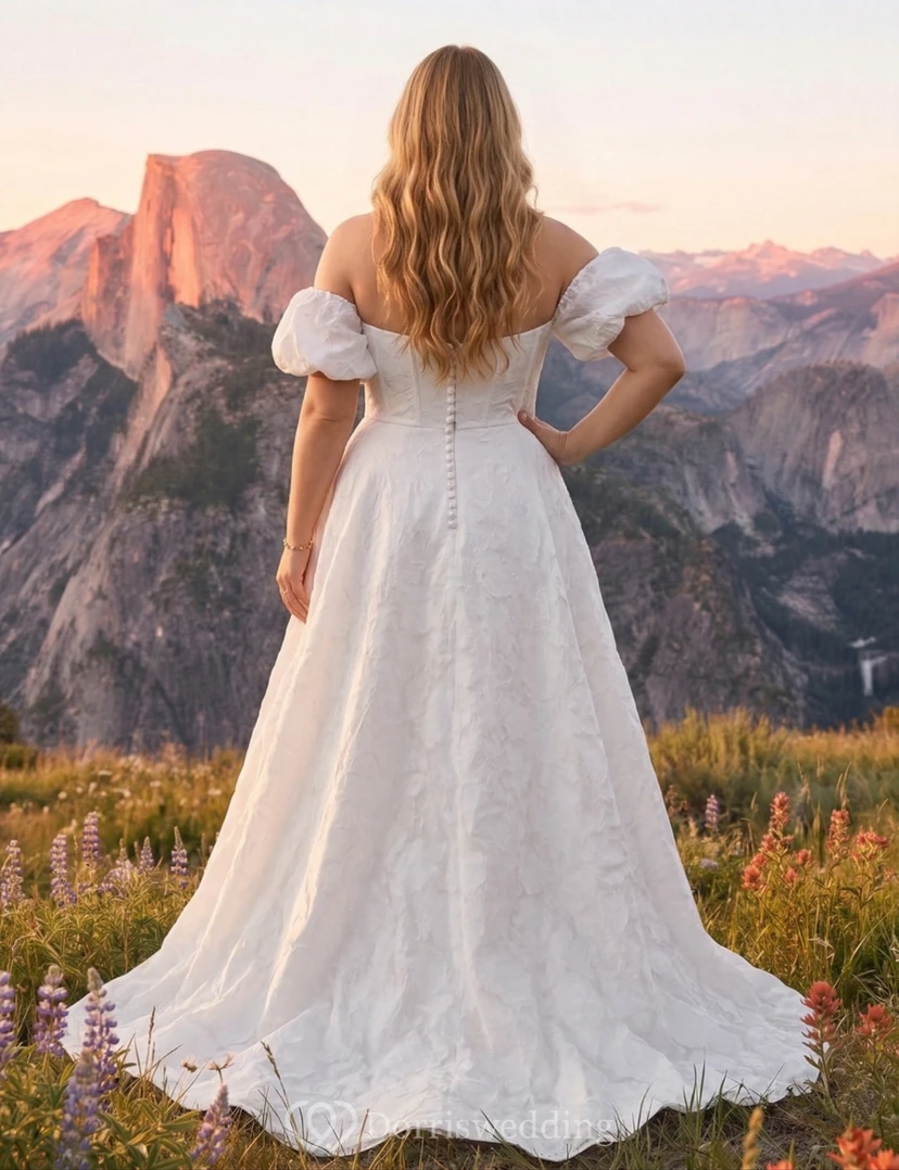 Plus Size Off Shoulder Puff Sleeve Jacquard A-Line Wedding Dress with Slit view 2