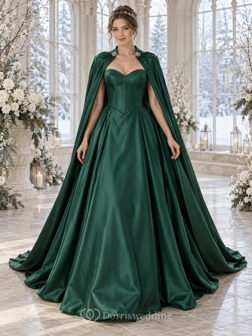 Vestido de novia largo de satén con capa y paneles, corte A, color verde oscuro, estilo vestido de invierno.