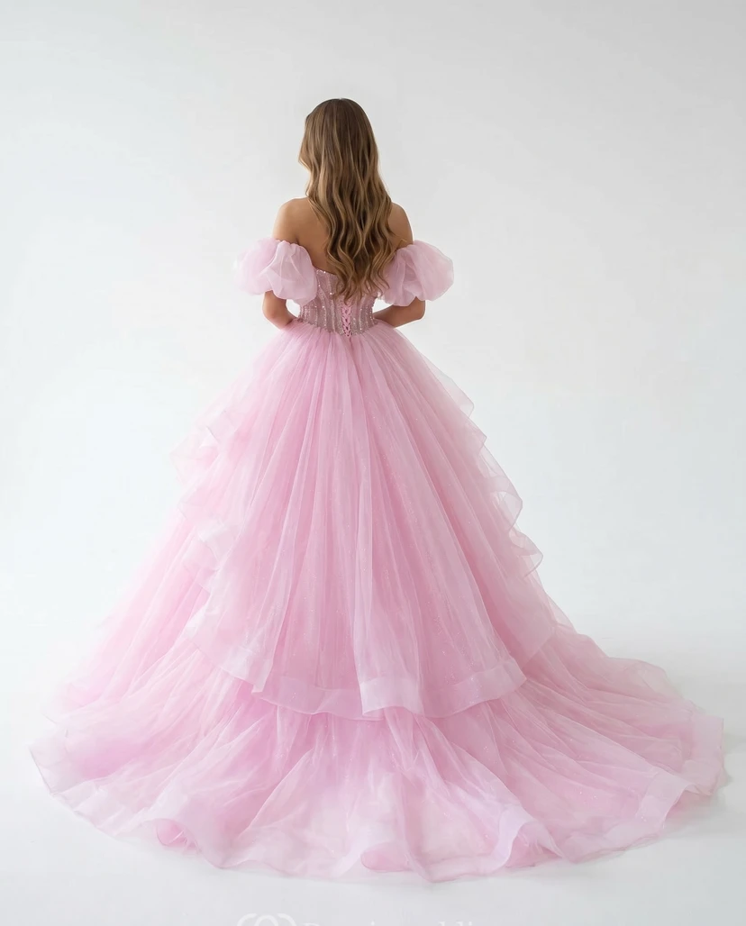Blushing Pink Quinceanera Ball Gown Off Shoulder Puff Sleeve Ruffle Tulle Dress view 2