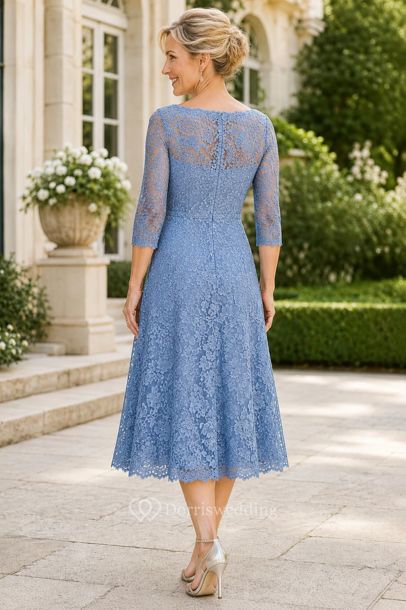 Robe de maman en dentelle bleu acier, longueur thé, manches trois-quarts view 2