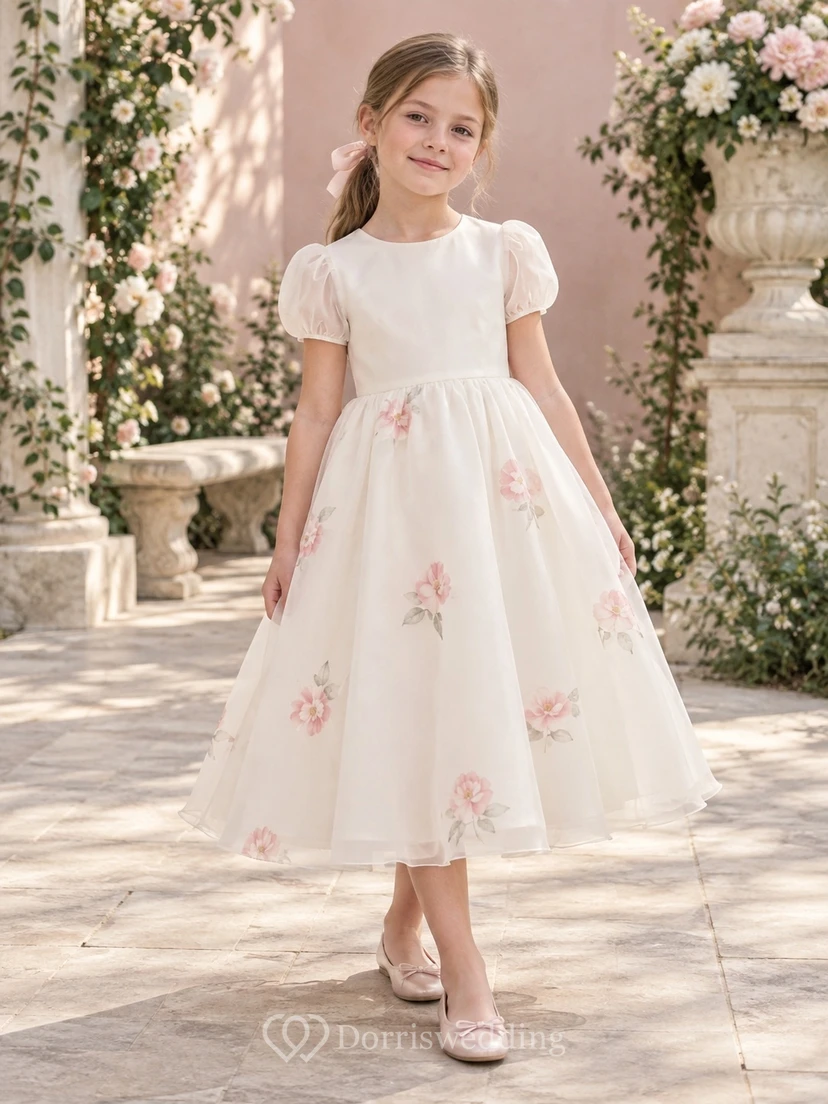 Modest Ivory Tea-length Jewel Short Sheer Puff Sleeves Sparse Floral-Print Gathered Organza A-line Flowergirl Dress