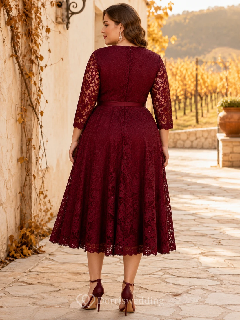 Burgundy V Neck Three Quarter Sleeve Lace Tea Plus Size Guest Dress view 2