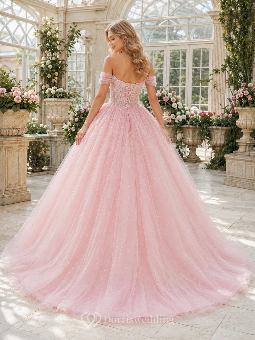 Vestido de princesa de quinceañera con vestido de gala de tul rosa con hombros descubiertos view 2
