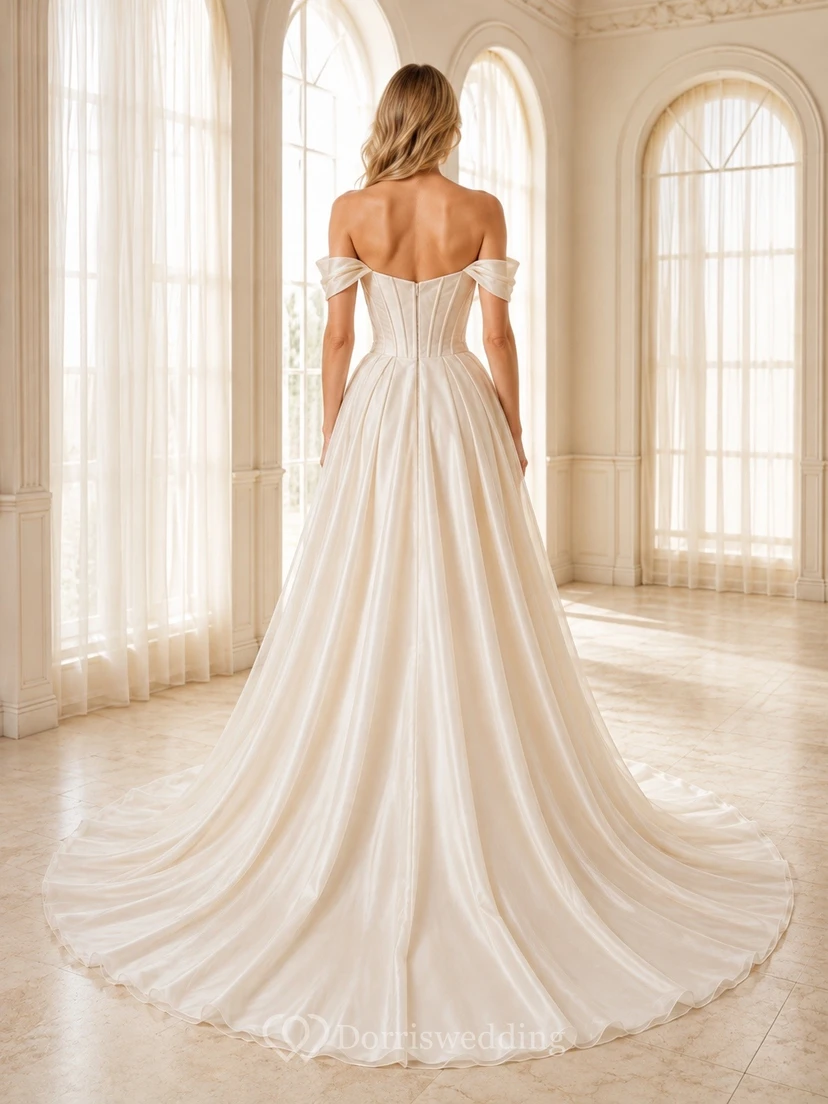 Vestido de novia formal, sencillo, romántico y elegante, con hombros descubiertos, edición C, corte A. view 2