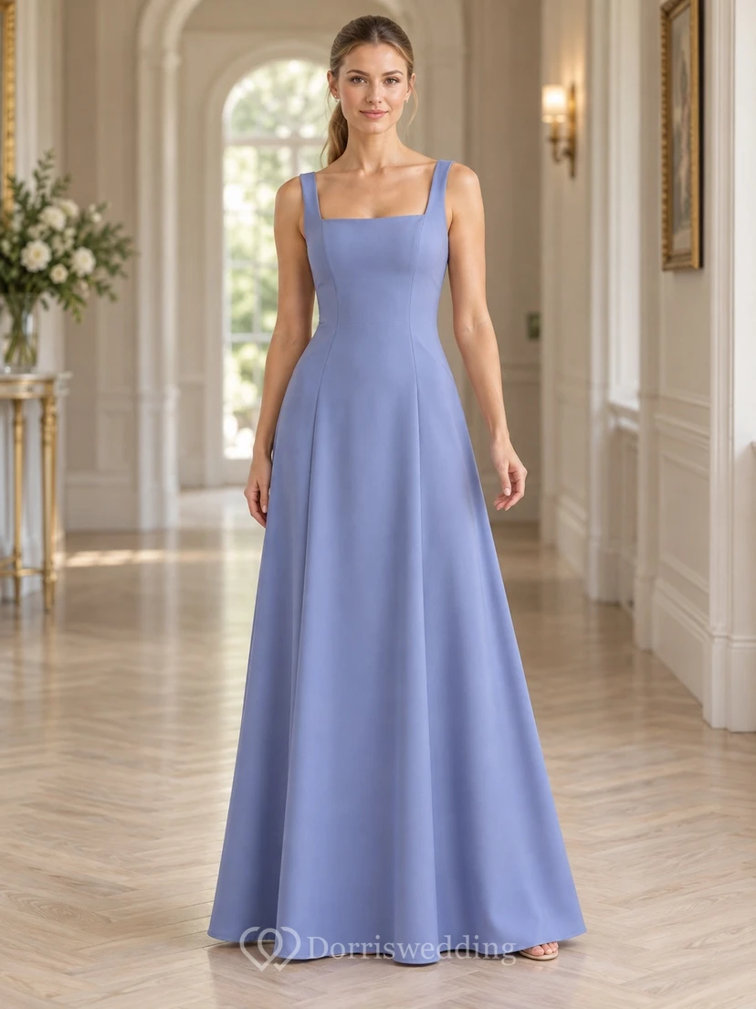 Einfaches, periwinkelfarbenes Crêpe-Brautjungfernkleid mit eckigem Ausschnitt, breiten Trägern und A-Linien-Schnitt, bodenlang