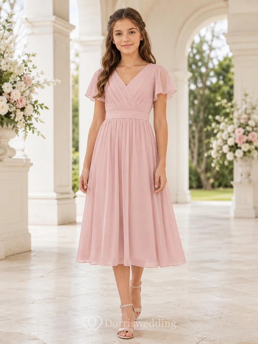 Zartrosa Brautjungfernkleid für junge Damen, A-Linie, V-Ausschnitt, kurze Ärmel, plissiert