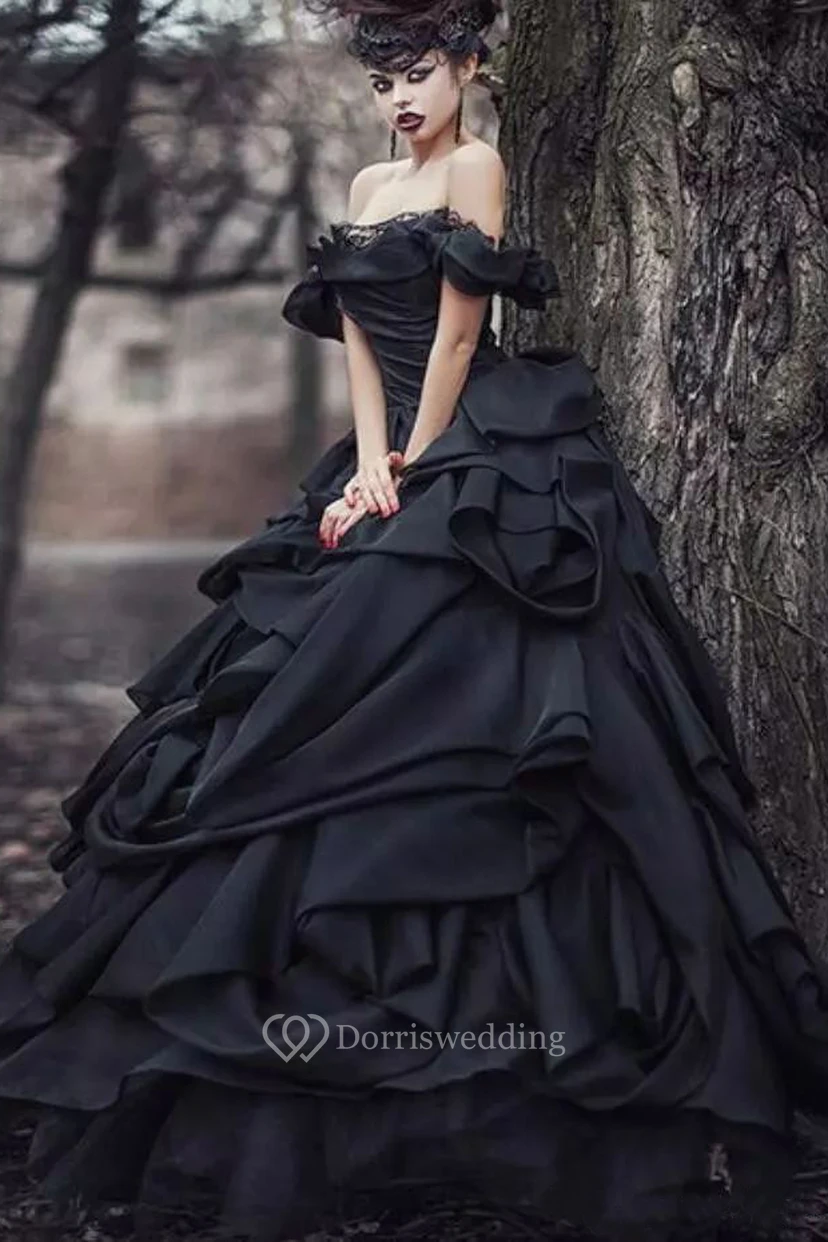 Ball Gown Taffeta Off-the-shoulder Sleeveless Floor-length Princess Wedding Dress with Cascading Ruffles and Ruching view 3