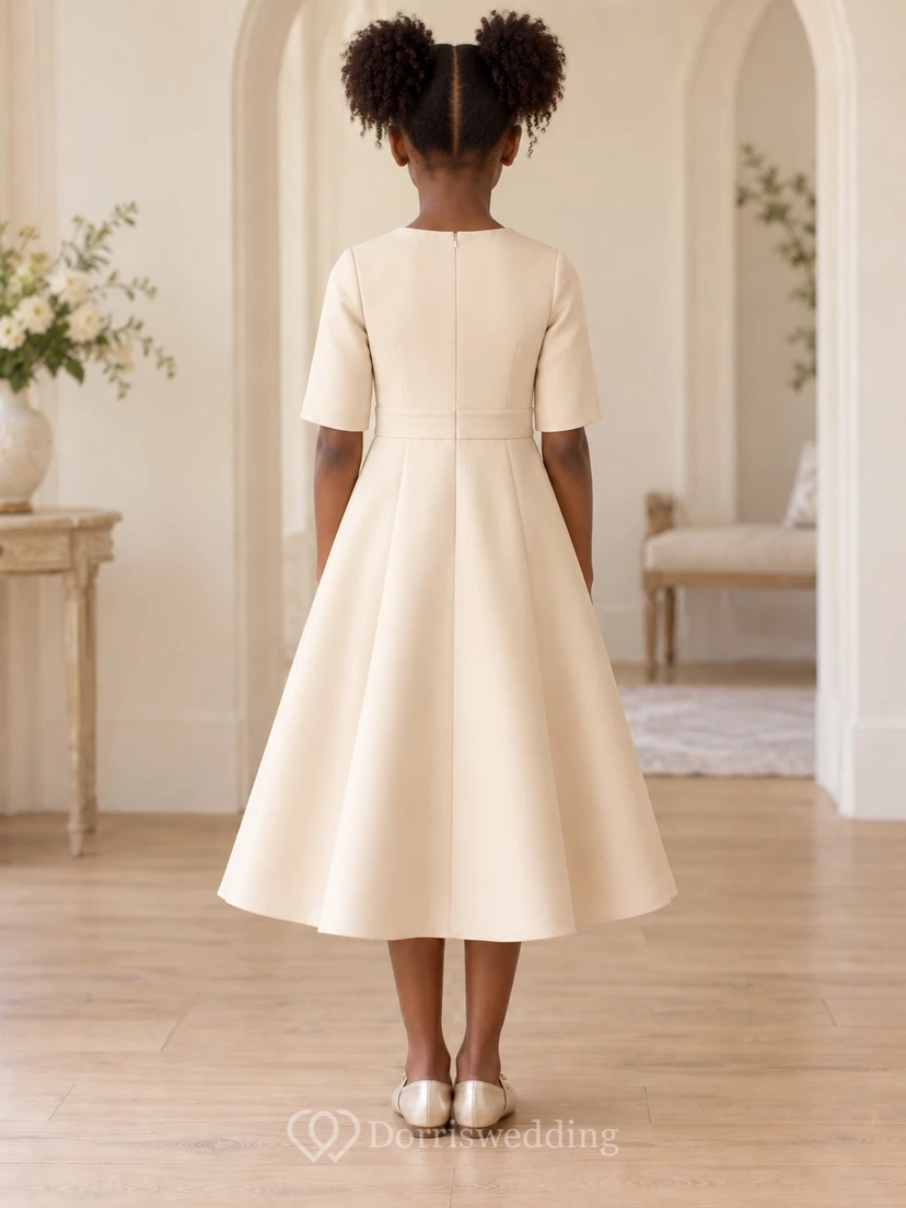 Simple Modest Tea-length Champagne Jewel Half-sleeve Broad-waisted Zipper-back A-line Flower Girl Dress view 2