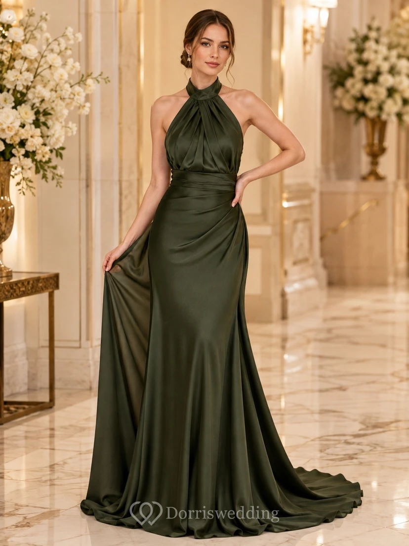 Olivgrünes, rückenfreies Meerjungfrauen-Abendkleid aus Satin mit Neckholder