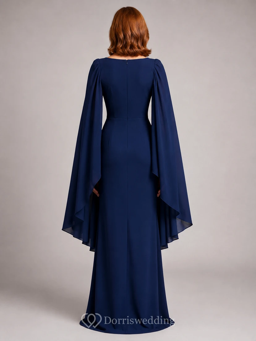 Dunkelblaues Säulenkleid mit Rundhalsausschnitt und Capeärmeln view 2