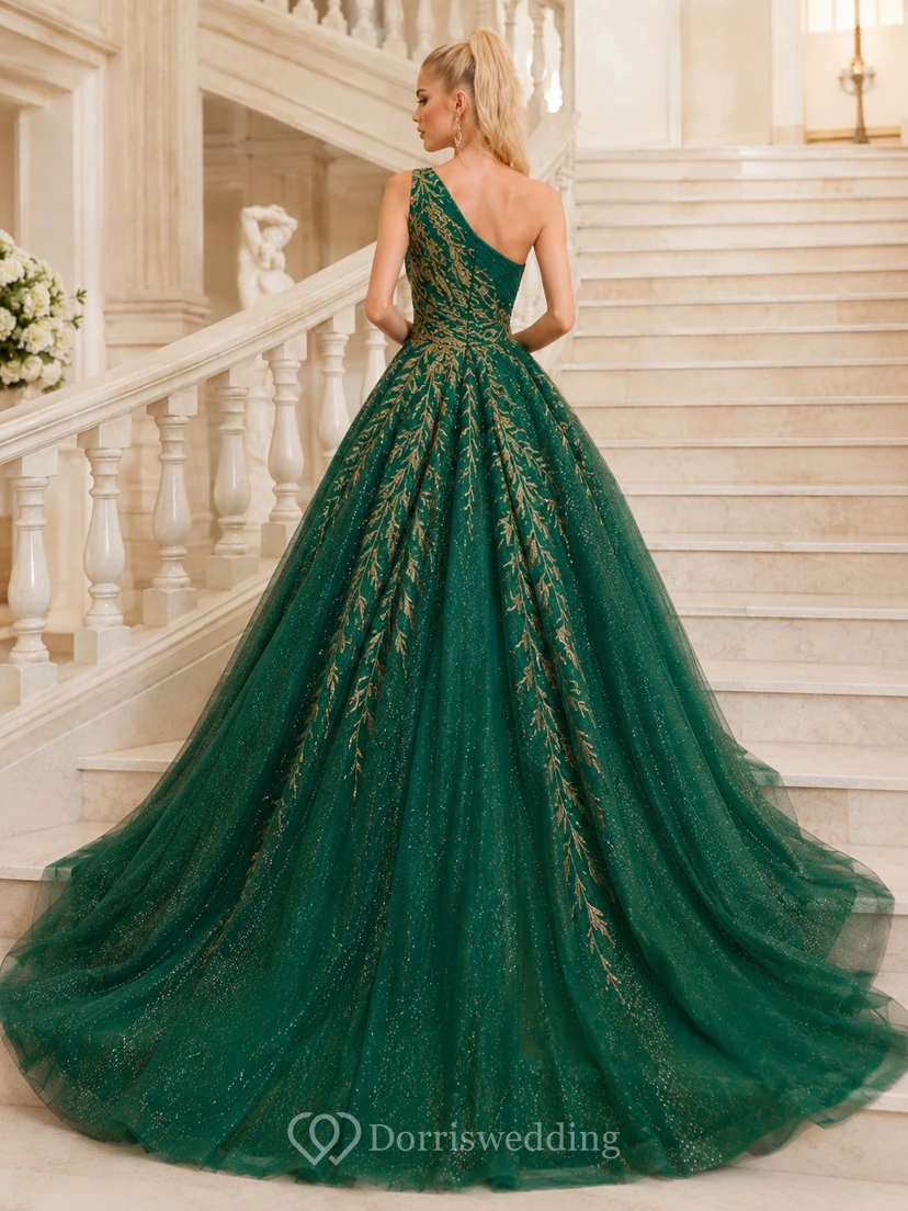 Dark Green Gold Luxury One Shoulder Embroidered Quinceanera Princess Chapel Train Ball Gown view 2