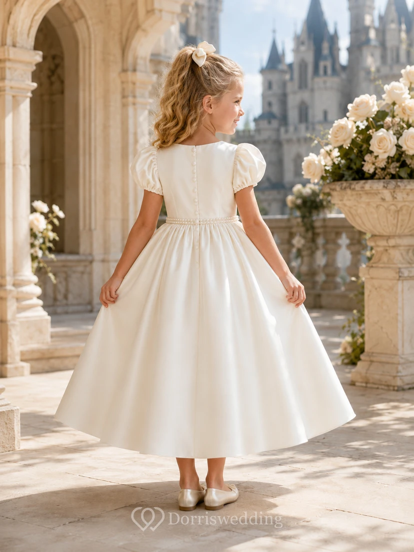 Robe de demoiselle d'honneur élégante en satin, coupe trapèze, manches bouffantes, longueur thé, style princesse, manches bouffantes. view 2