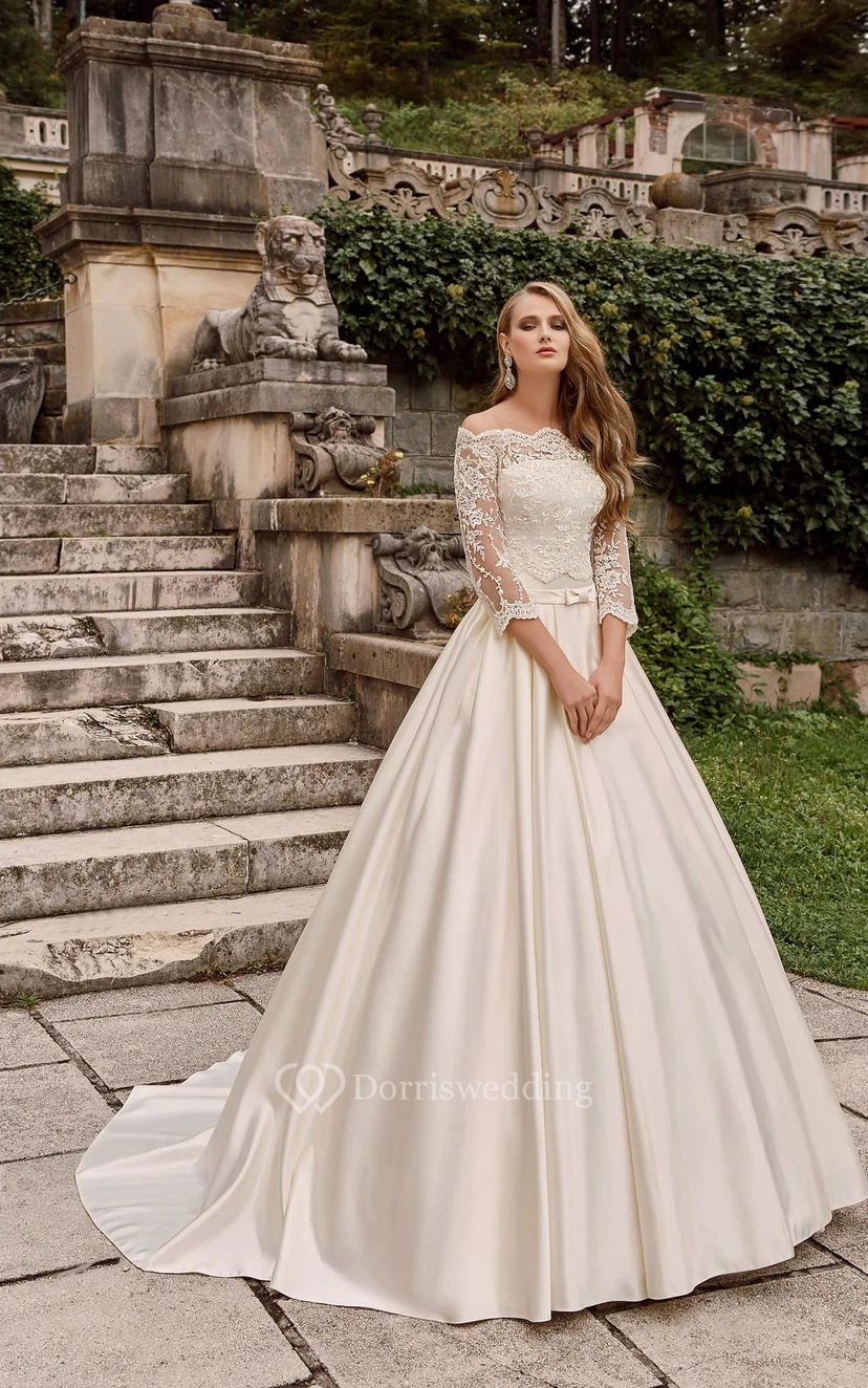Elegantes, schulterfreies, langes A-Linien-Brautkleid aus Satin mit Spitzenoberteil