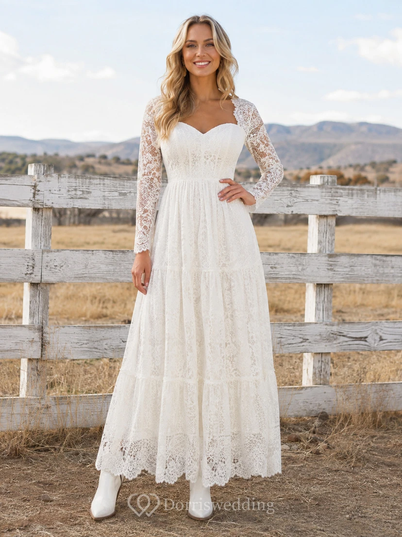 Robe de mariée champêtre rustique à manches longues en dentelle à volants et décolleté en A, style western