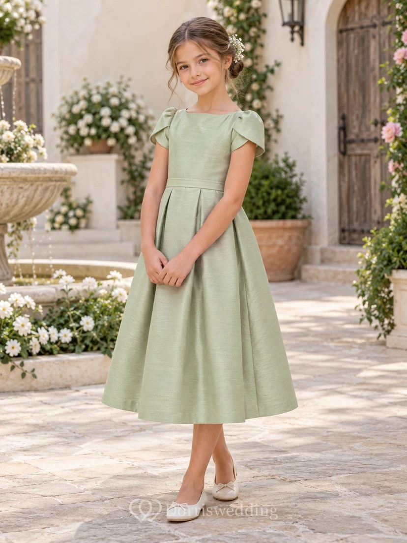 Simple Tea-length Celadon Bateau Tulip Sleeve Pleated Shantung Flower Girl Dress