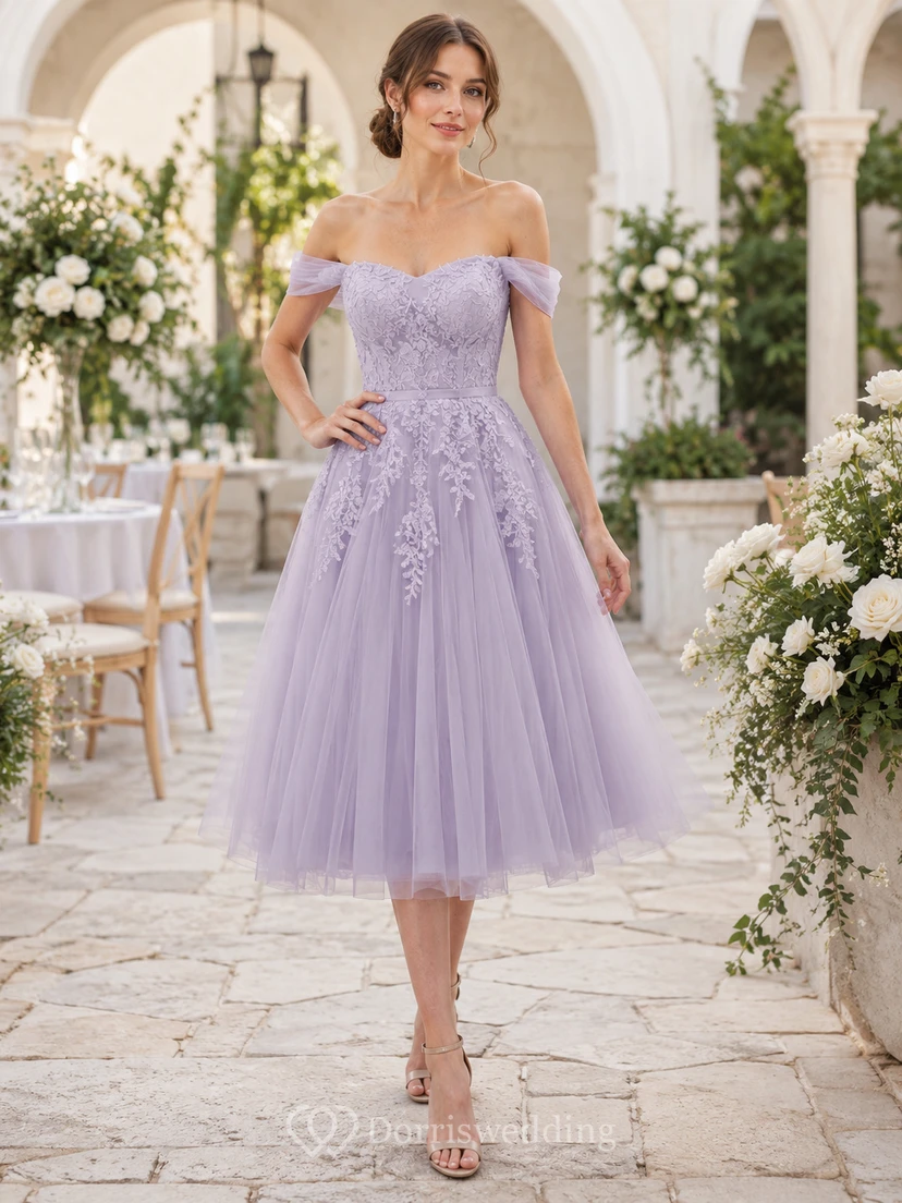 Robe de mariée lavande en tulle et dentelle florale à épaules dénudées, longueur thé