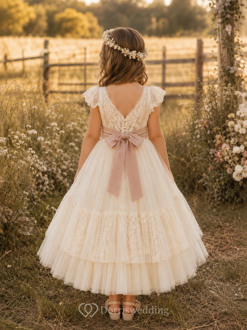 Blumenmädchenkleid aus elfenbeinfarbenem Tüll, A-Linie, Rundhalsausschnitt, Teelänge, mit Schärpendetails view 2
