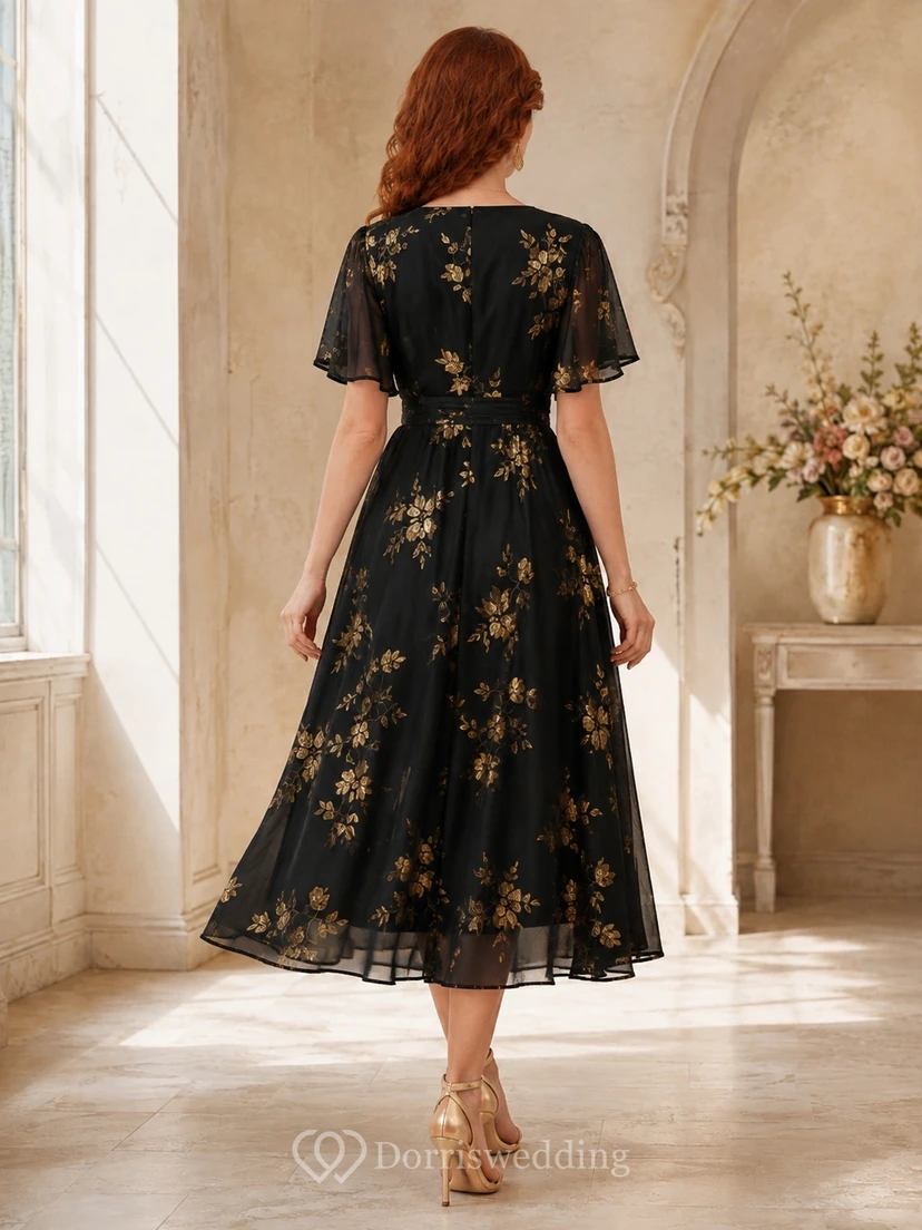 Black Gold Floral Embroidered Flutter Sleeve Chiffon A-Line Tea-Length Dress view 2