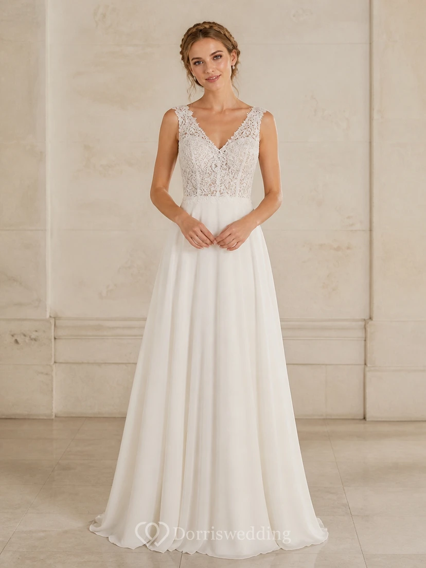 Robe de mariée simple de plage en mousseline de soie, coupe trapèze, col en V, sans manches, en dentelle.