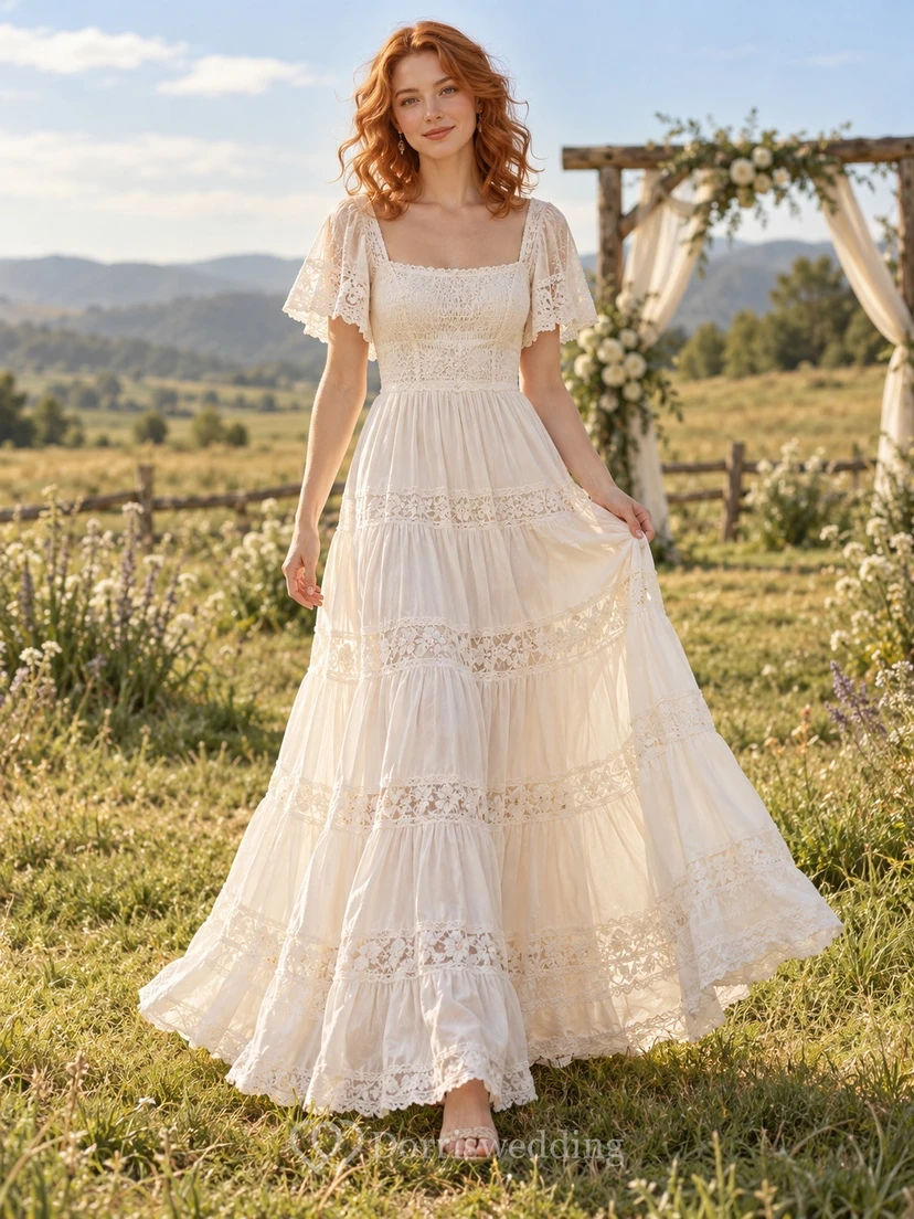 Boho Square Neck Flutter Sleeve Tiered Lace Ankle Length Wedding Dress