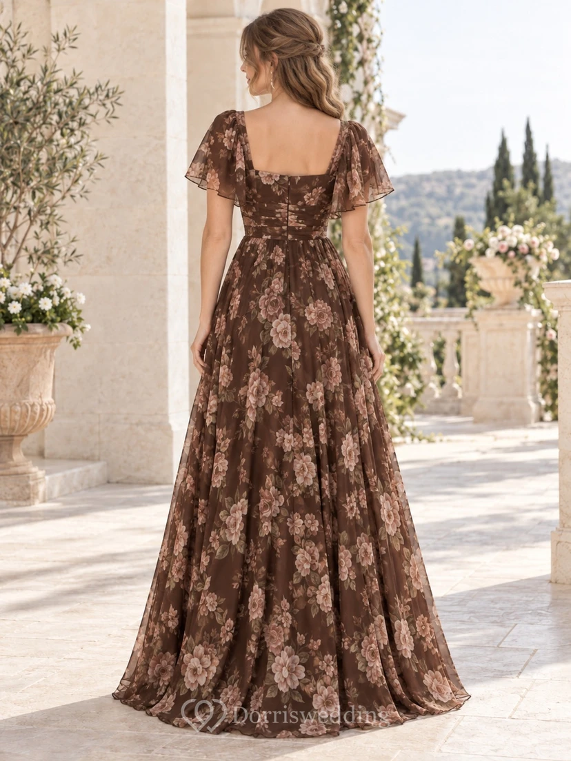 Brautjungfernkleid aus schokoladenbraunem Chiffon mit Blumenmuster, eckigem Ausschnitt, flatternden Ärmeln und bodenlanger Länge view 2