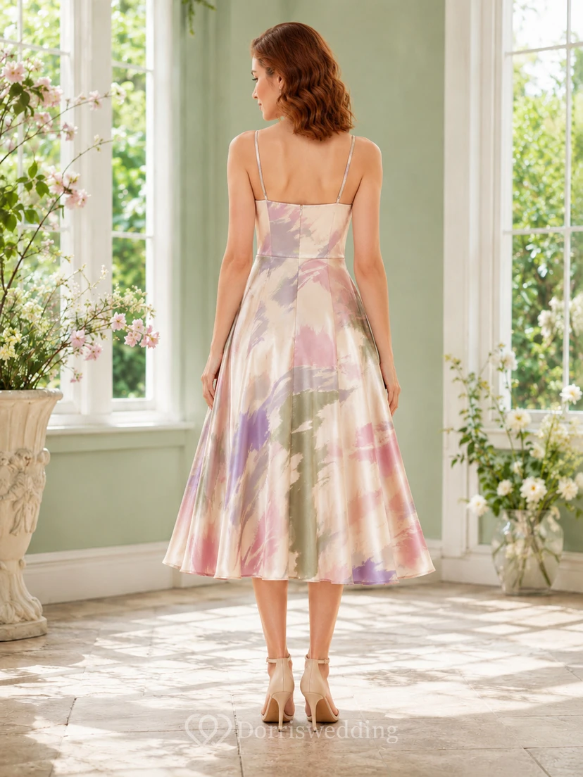 Vestido de cóctel midi de corte A con escote cuadrado y estampado de pinceladas en tonos pastel view 2
