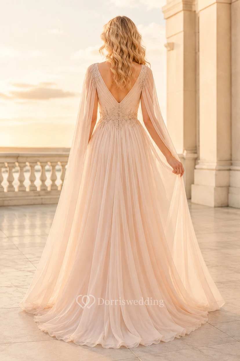 Blushing Pink Chiffon A-Line Formal Dress with Long Cape Sleeves and V-Neck view 2